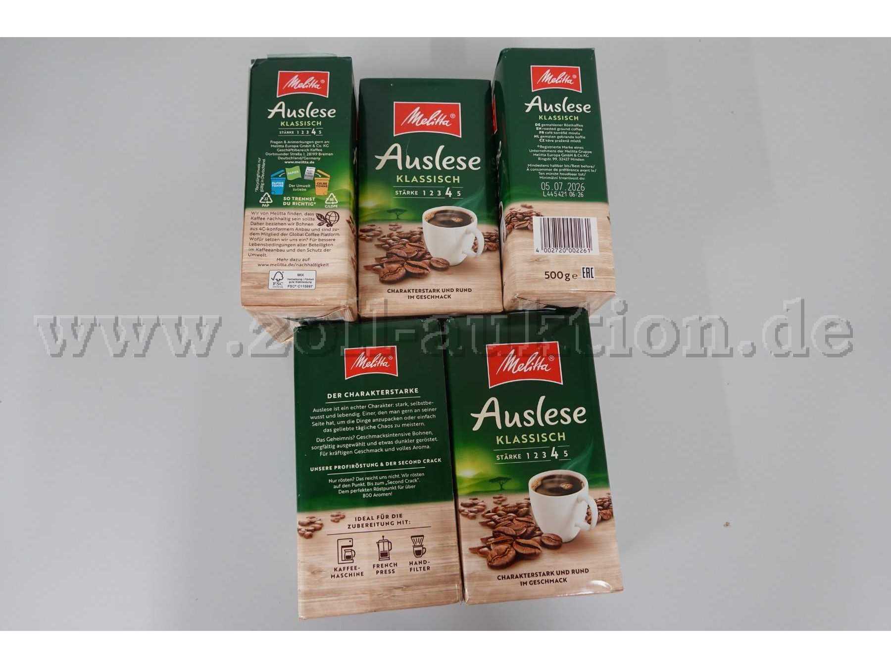 5 Pakete Kaffee Melitta Auslese Klassisch, gemahlen á 500g, ovp.
MHD 05.07.2026