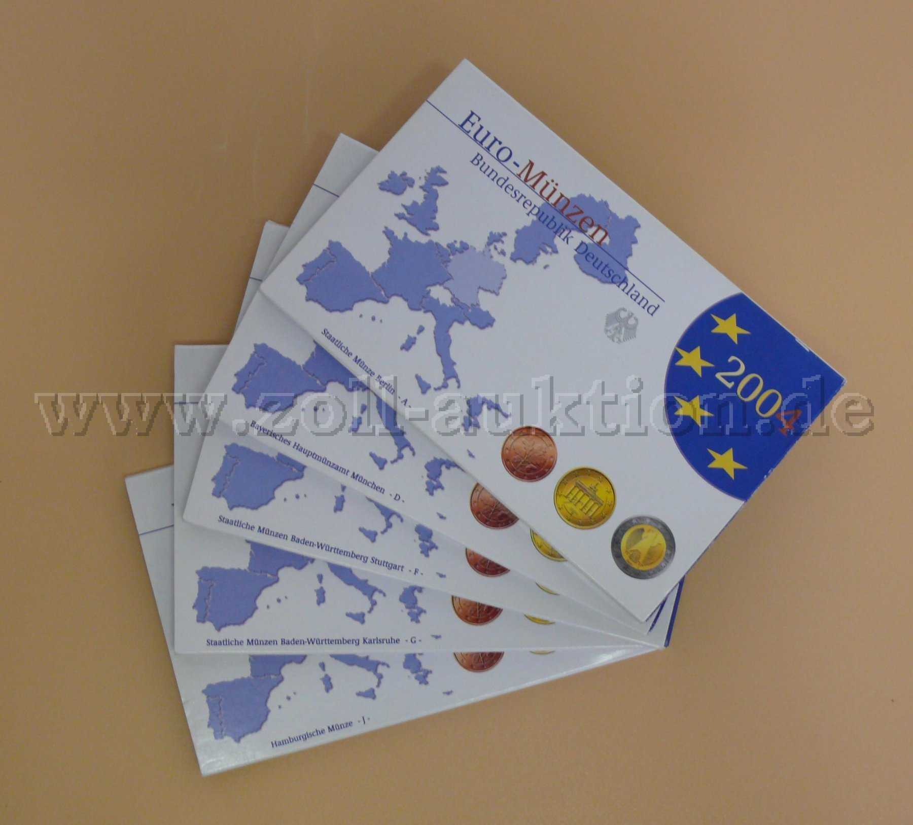 5 x 德国2004年欧元流通硬币套装，全部5个铸币厂 -ADFGJ- 完整，银光