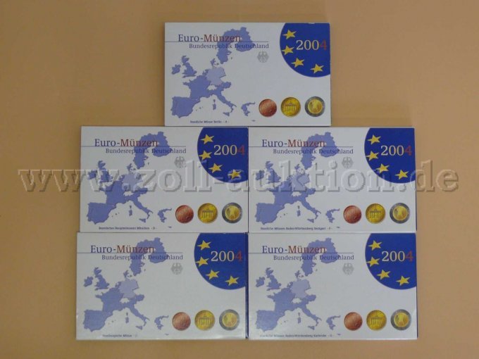5 x Euro Kursmünzensatz BRD 2004, alle 5 Münzämter -ADFGJ- komplett, Silberglanz – foto 3 – kavel bij Zoll-Auktion, Hof