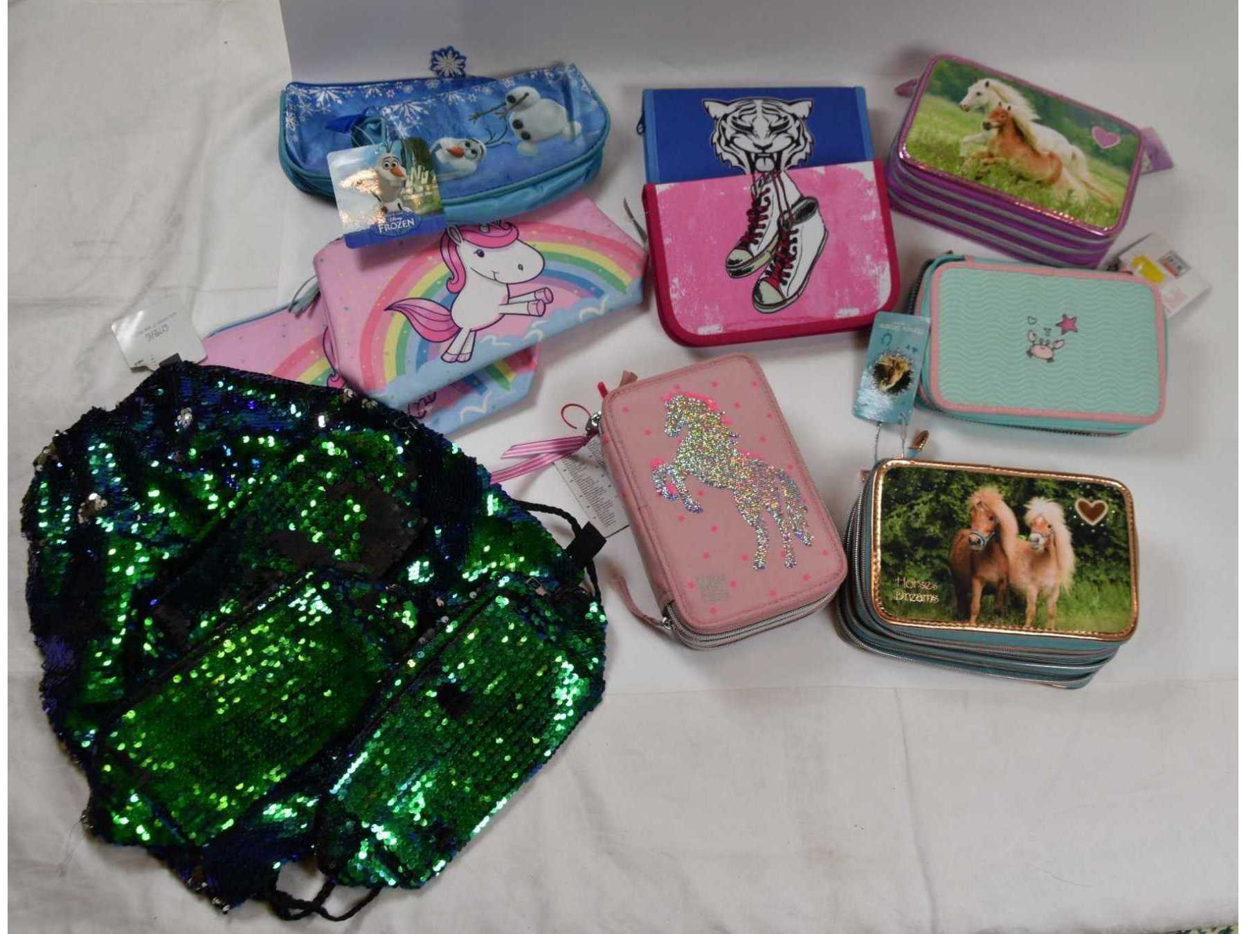 6 Federtaschen, 1 Rucksack und 7 Taschen