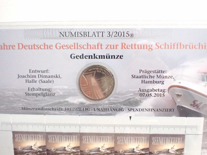 Numisblatt 150 Jahre Deutsche Gesellschaft zur Rettung Schiffbrüchiger mit Informationen & Bildseite der Münze