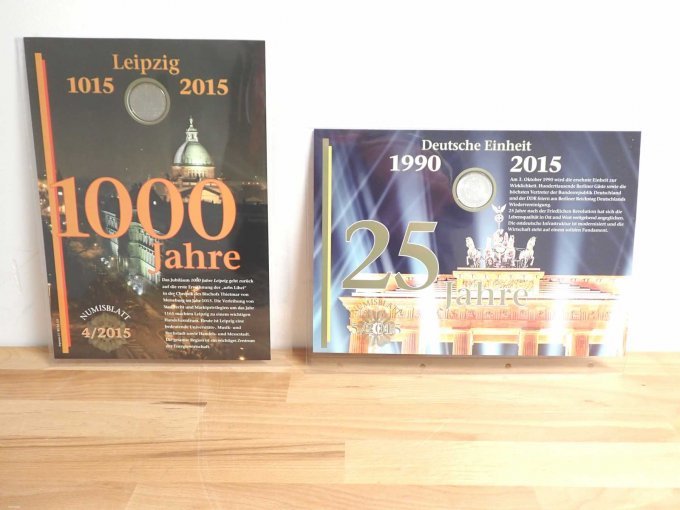 Numisblatt 1000 Jahre Leipzig & 25 Jahre Deutsche Einheit, jeweils mit Erläuterung