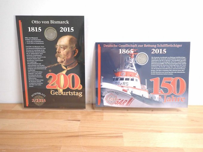 Numisblatt Bismarck & Deutsche Gesellschaft zur Rettung Schiffbrüchiger, jeweils mit Erläuterung