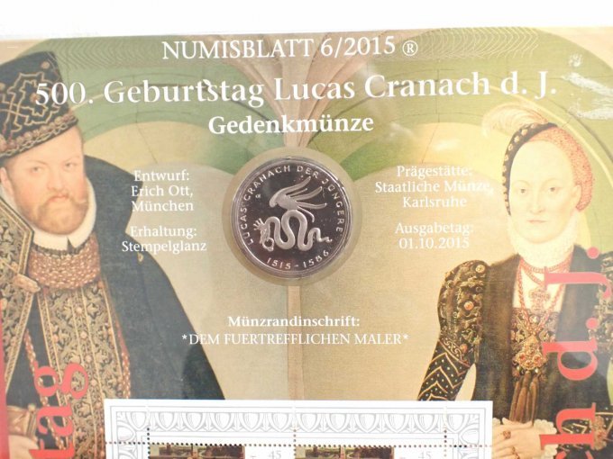 Numisblatt 500. Geburtstag Lucas Crannach d. J. mit Informationen & Bildseite der Münze