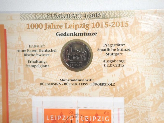 Numisblatt 1000 Jahre Leipzig mit Informationen & Bildseite der Münze