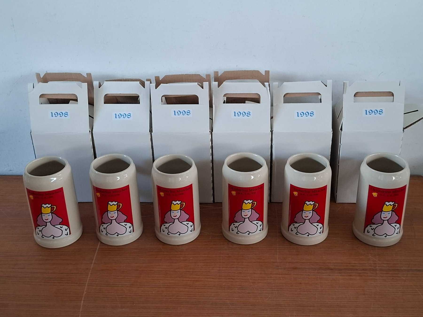 6 chopes Oktoberfest sans couvercle en étain, chopes annuelles 1998, fabricant : Rastal