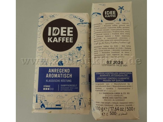 6 Pakete Idee Kaffee gemahlen á 500g, Originalware; MHD: 02/2026,
hier: Detailansicht MHD